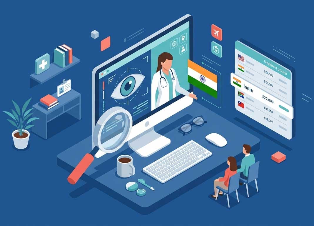 Eye care professionals assisting a patient during an examination in a modern clinic