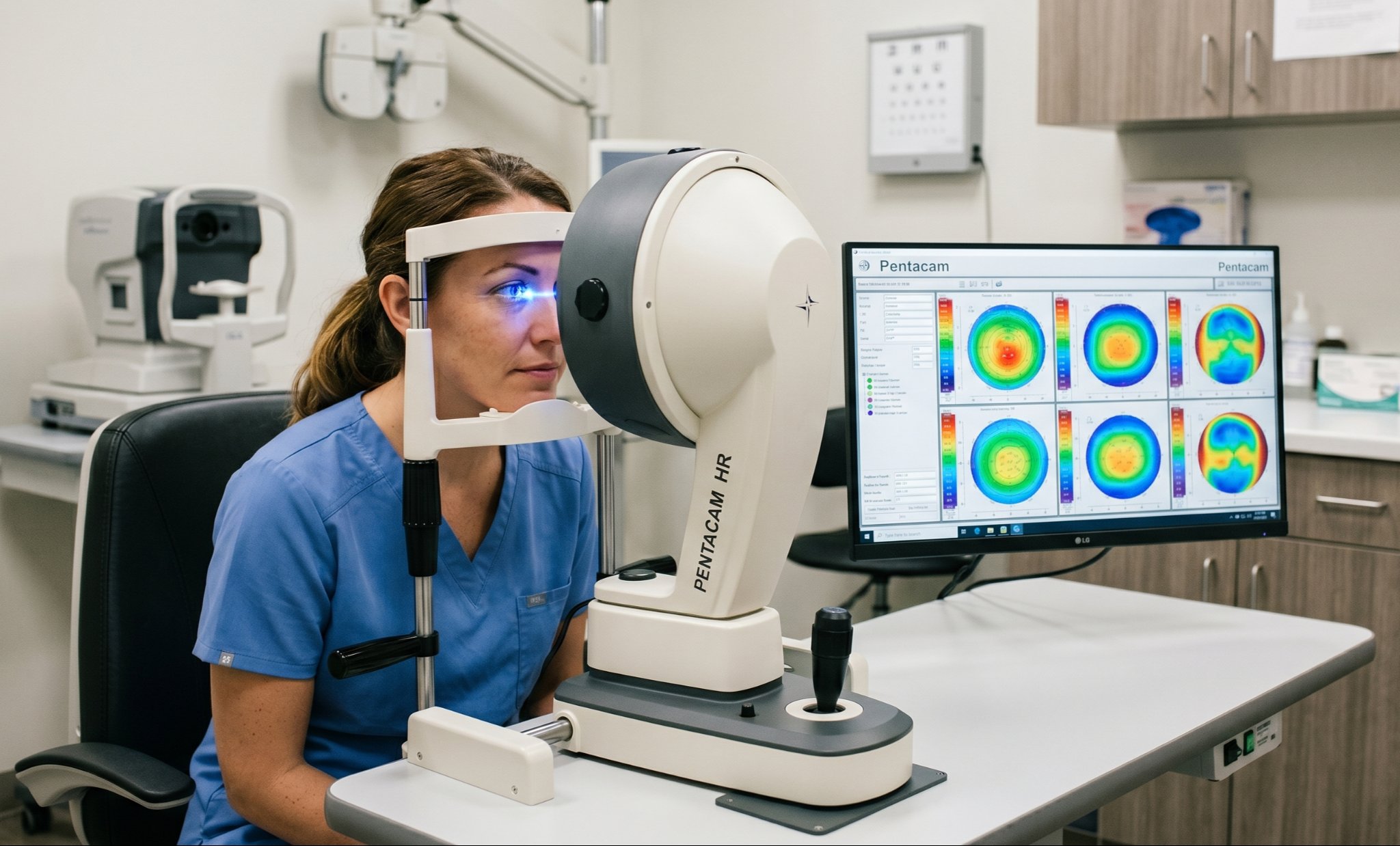 Pentacam eye test scan with corneal mapping display